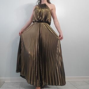 Metallic Pleated Halter Maxi Dress - Gold Bronze Sz4